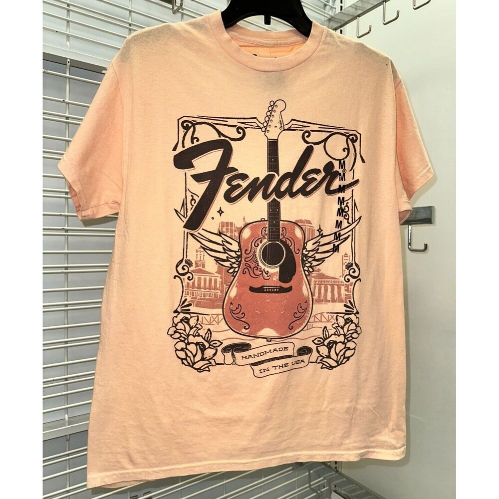 Fender Women's T-‎ Shirt Medium Peach & Pink Flying Wing Guitar Graphic Tee NWOT